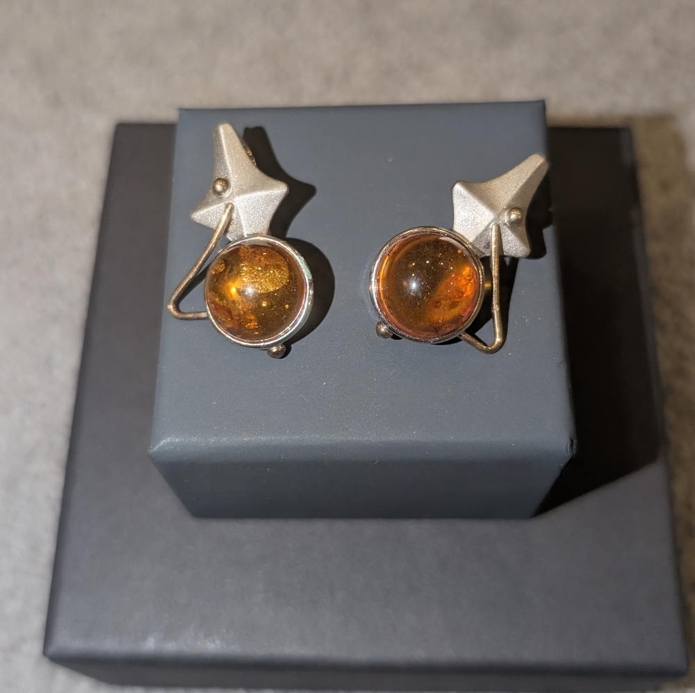 Amber Orb Silver Star Drop Earrings - Honey Amber - Picture 4 of 8
